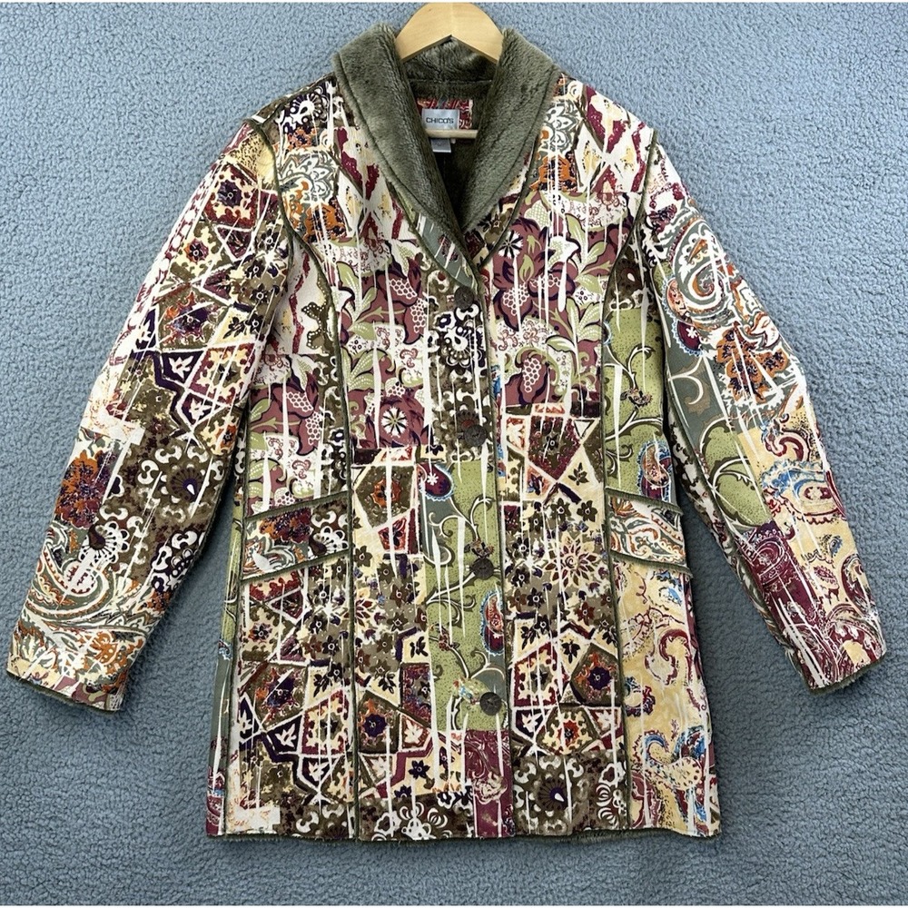 Chico's Vintage Paisley Print Faux Fur Lined Coat Jacket Boho Art To Wear Size 1